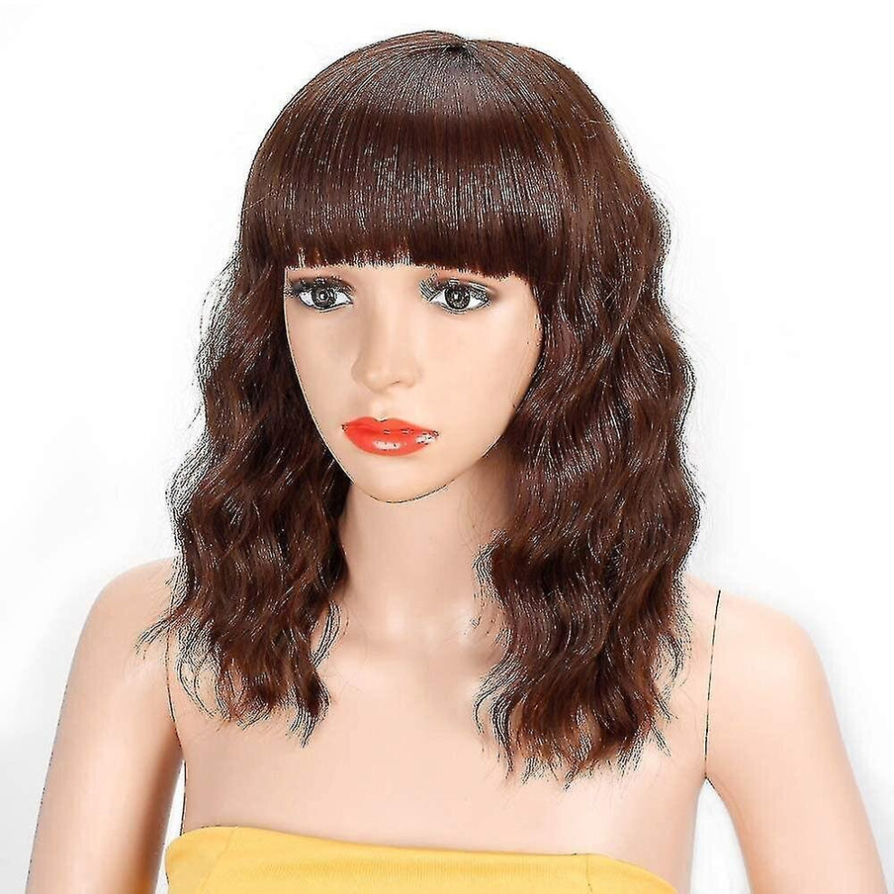 Hkhbjs Unisex Brown Synthetic Short Curly Wavy Bob Wig With Bangs Natural Looking Reddish Short Bob Wavy Hair Wigs
