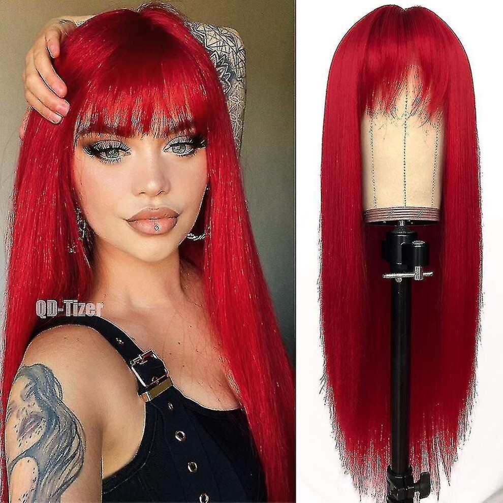 Hkhbjs Red Color Long Silky Straight Wigs With Bangs Synthetic No Lace Wig For Fashion Women Heat Resistant