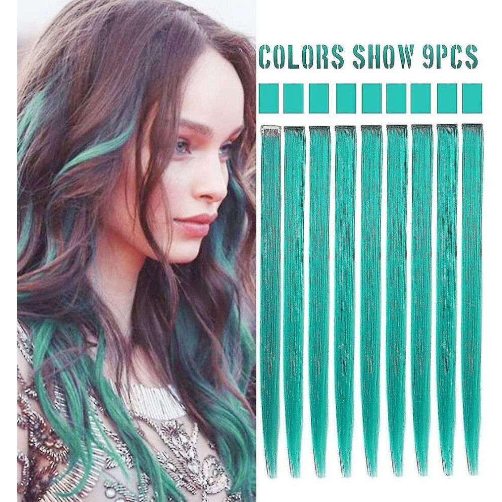Hkhbjs 21'' 9Pcs Princess Party Highlight Teal Hair Pieces Colored Hair Extensions Clip In/On