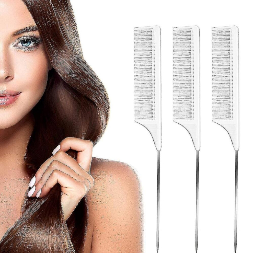3 Packs Rat Tail Comb Steel Pin Rat Tail Carbon Fiber Heat Resistant Teasing Combs With Stainless St