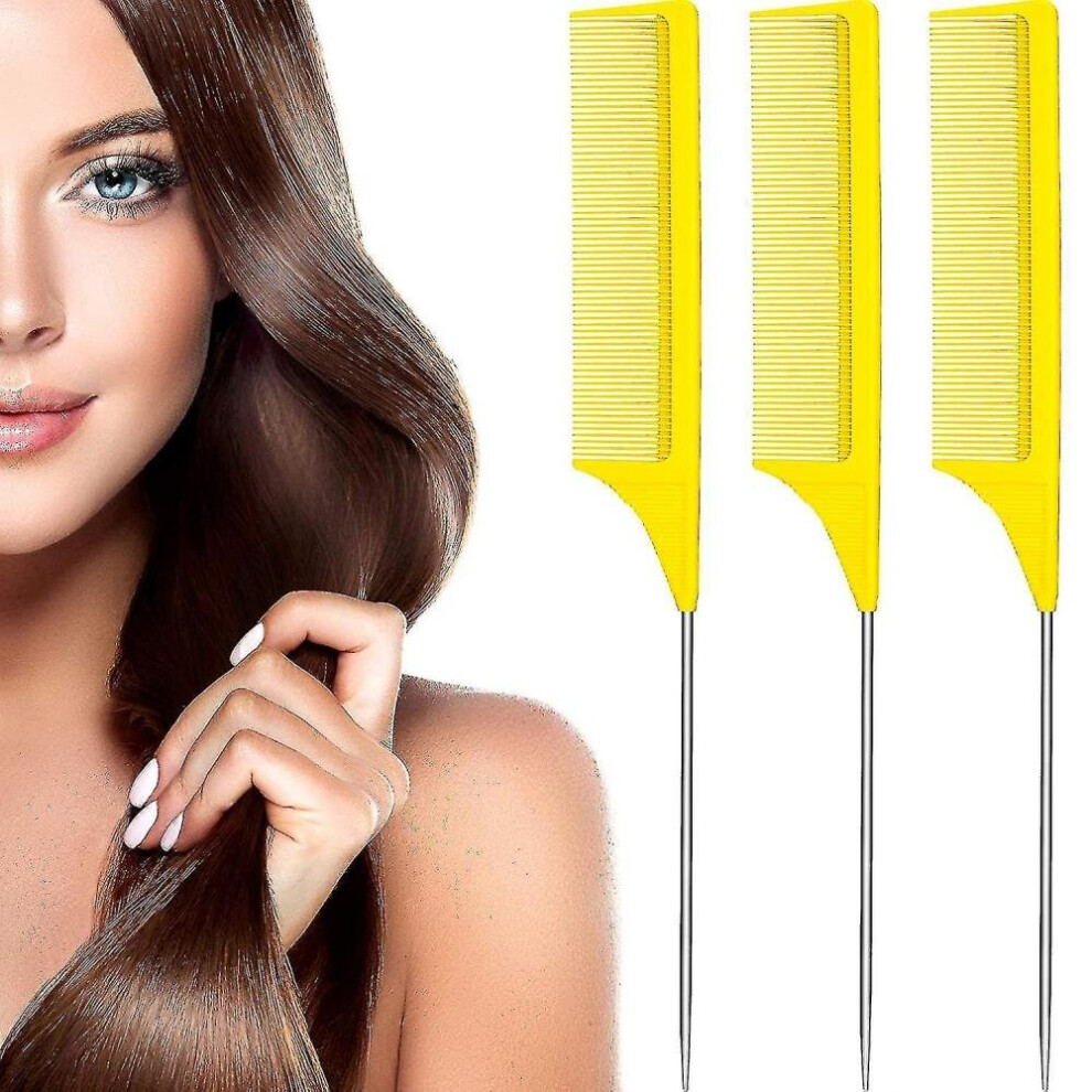 3 Packs Rat Tail Comb Steel Pin Rat Tail Carbon Fiber Heat Resistant Teasing Combs With Stainless St