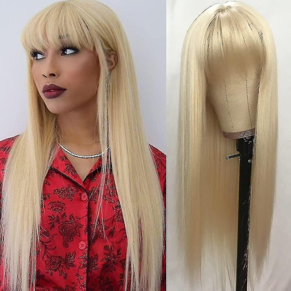 Hkhbjs Unisex Blonde Long Straight Synthetic Hair Wigs With Bangs Women's Costume Wig Heat Resistant Hair