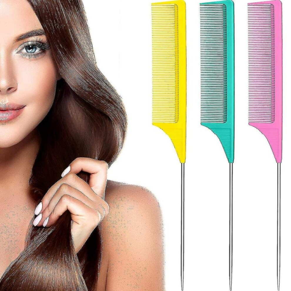 3 Packs Rat Tail Comb Steel Pin Rat Tail Carbon Fiber Heat Resistant Teasing Combs With Stainless St