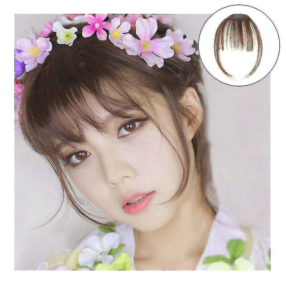 Hkhbjs Unisex Brown S Light Thin Neat Air Bangs Remy Human Hair Extensions Clip In On Fringe Front Hairpiece