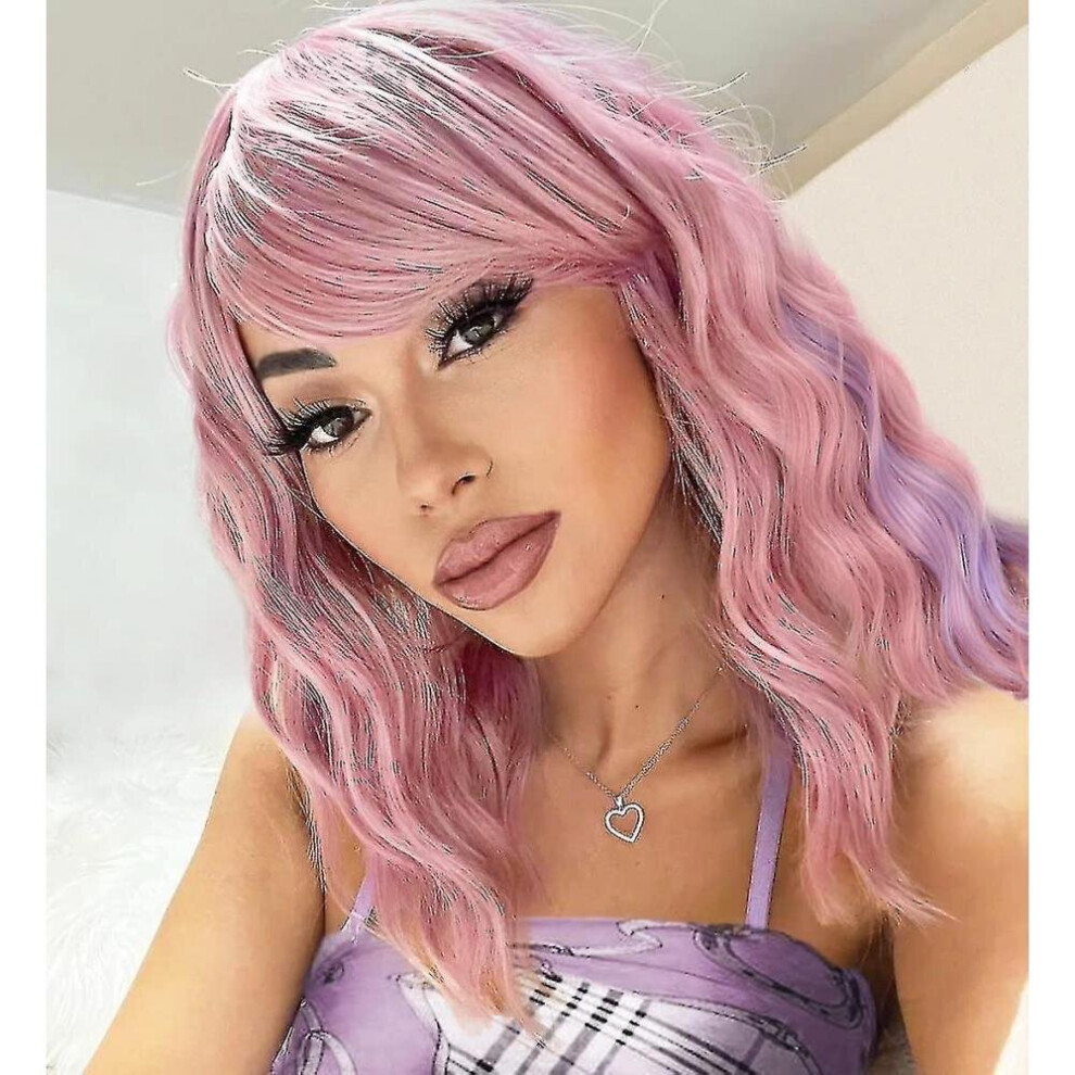 Hkhbjs Unisex Pink,Purple Pastel Pink Synthetic Curly Wavy Bob Wig With Bangs Women's Short Bob Wavy Hair Pink Mix Purple Wigs
