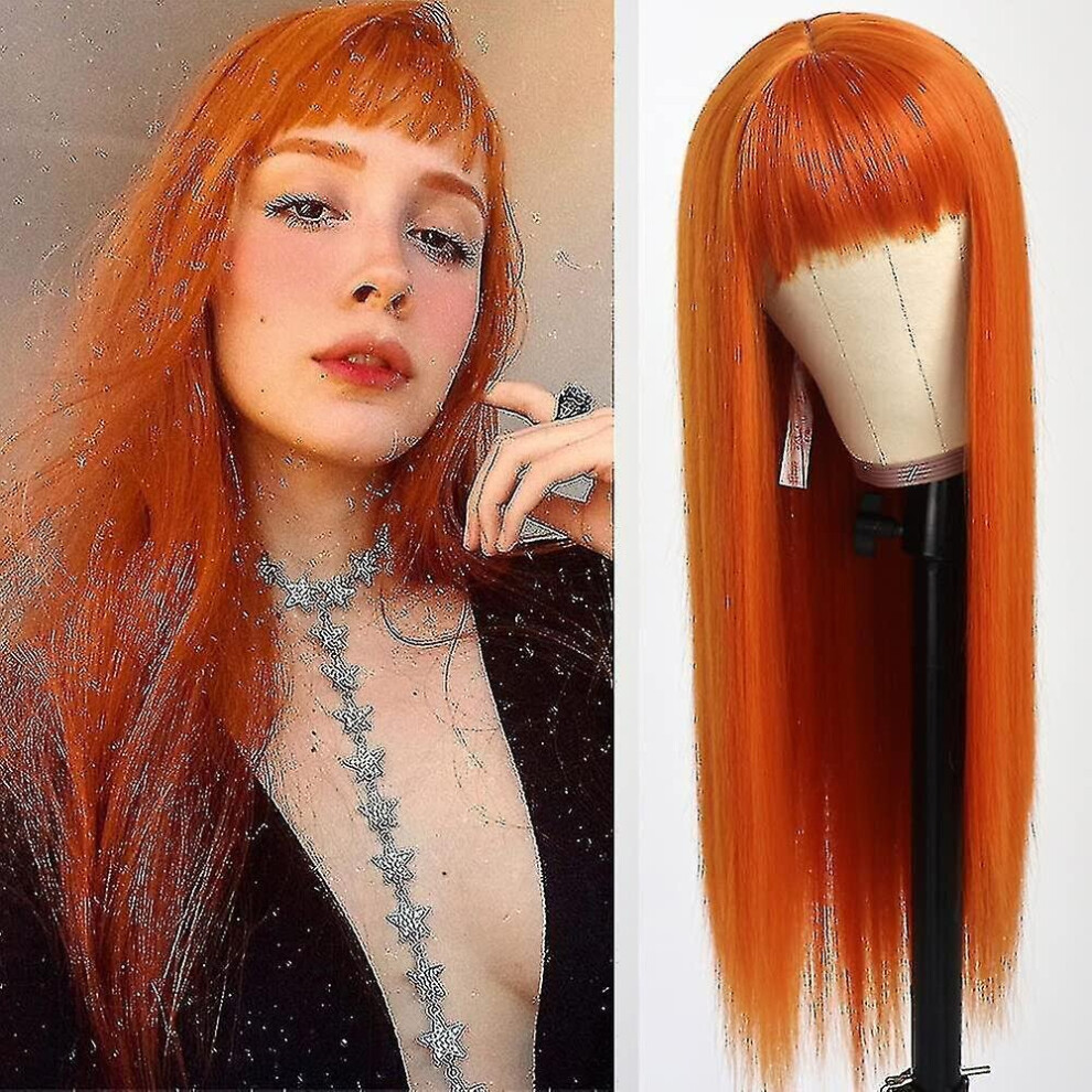 Hkhbjs Orange Color Synthetic Hair Replacement Wigs With Bangs Heat Resistant None Lace Wigs