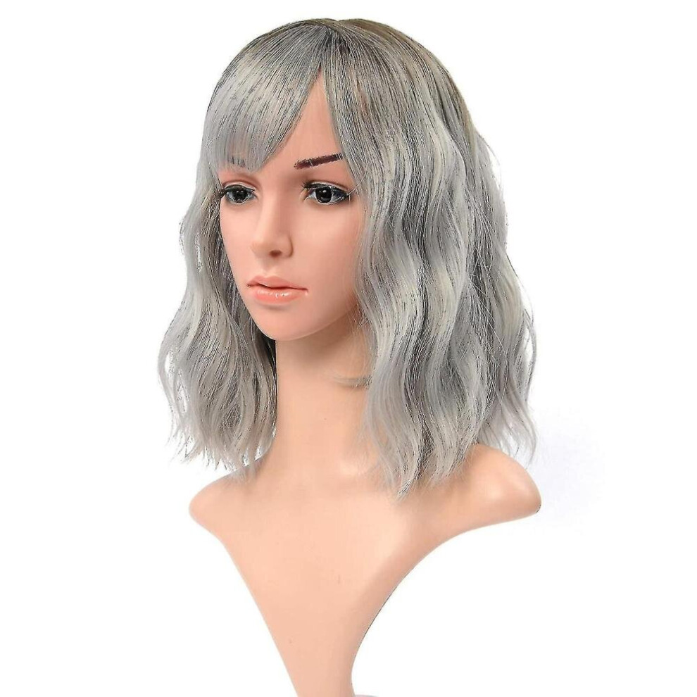 Hkhbjs Unisex Black Ombre Color Natural Wavy Wig With Air Bangs To Gray Colorful Short Bob Wigs
