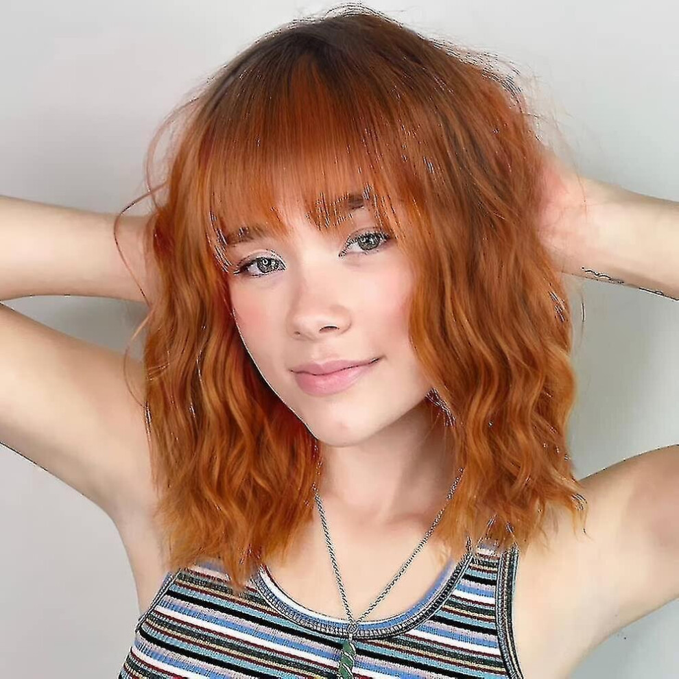 Hkhbjs Unisex Orange,Black Ombre Orange Synthetic Short Bob Wavy Wig With Bangs Black To Orange Curly Wavy Hair Wigs For Women