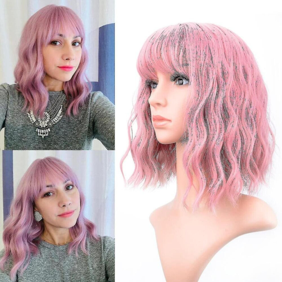 Hkhbjs Unisex Pink,Purple Pastel Wavy Wig With Air Bangs Women's Short Bob Purple Pink Wigs Curly Wavy Shoulder Length Pastel