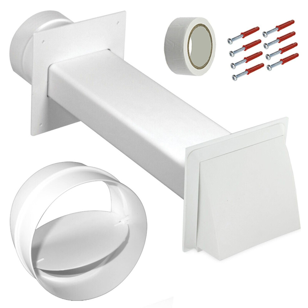 Universal Tumble Dryer Vent Kit Non Return Flap Exterior Wall Pipe Duct (White, 4" / 100mm)