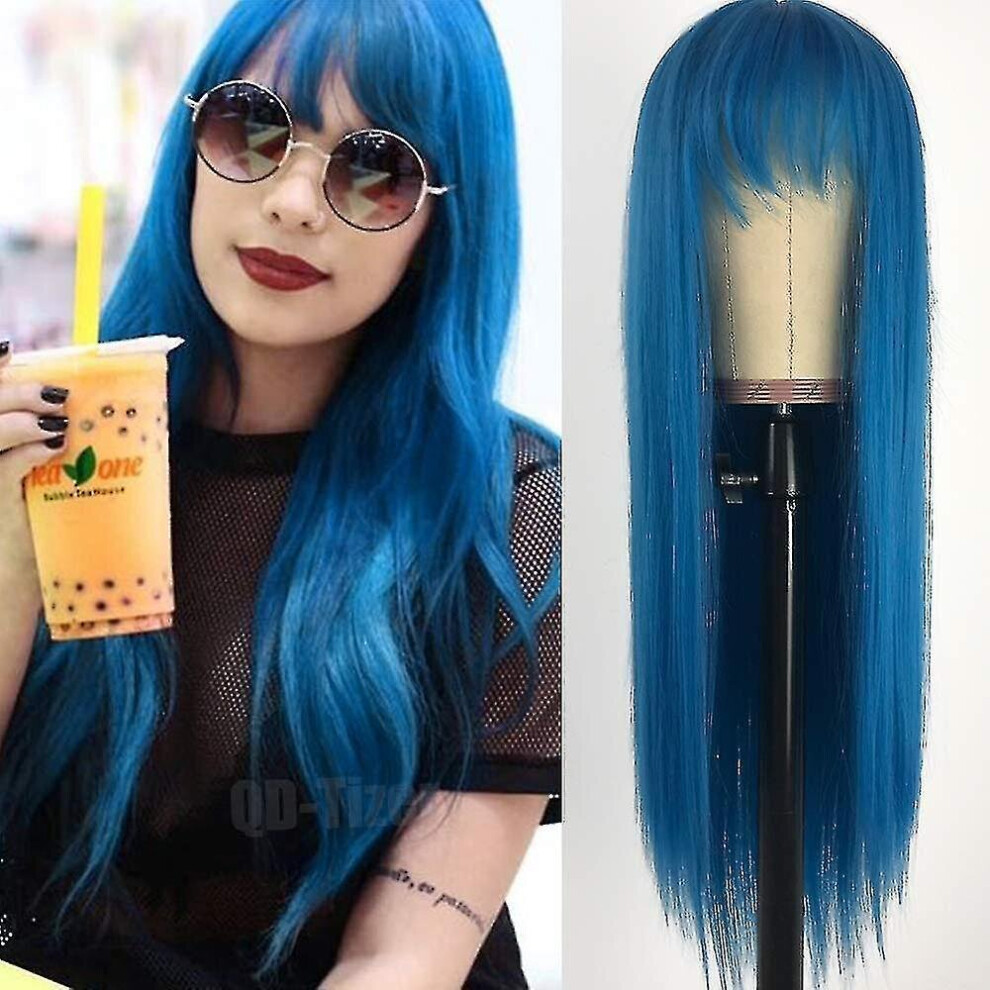 Hkhbjs Greenish Blue Hair Long Straight Wigs With Bangs Heat Resistant Synthetic No Lace Wigs