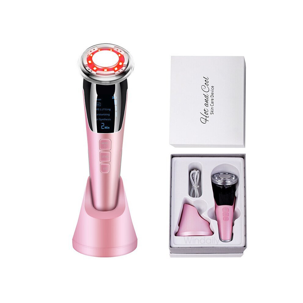 Hcsc Pink/Light () 5 In 1 Ems Hot Cool Facial Massager Led Therapy Sonic Vibration Wrinkle Removal Skin Tightening Face Care Beauty Device