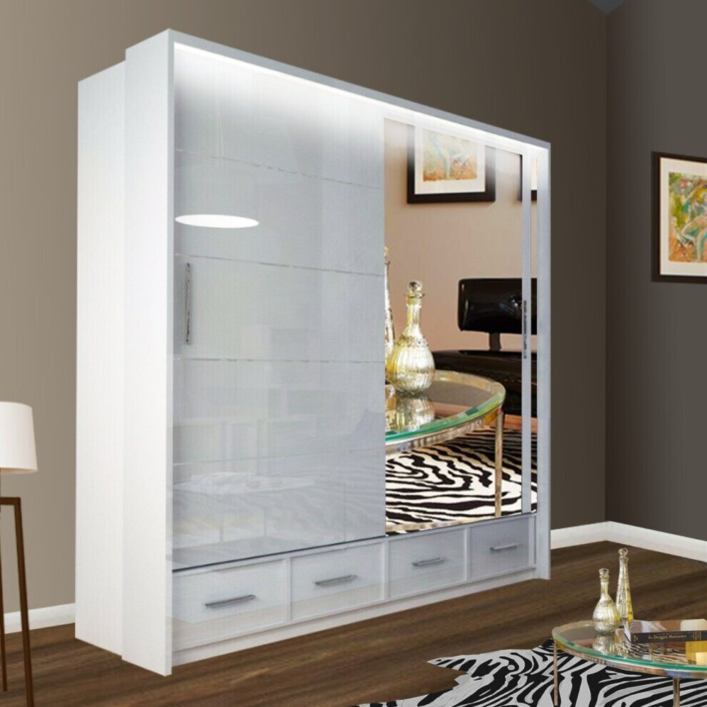 (White, 208 cm) Charlie High Gloss Mirror Sliding Door Wardrobe