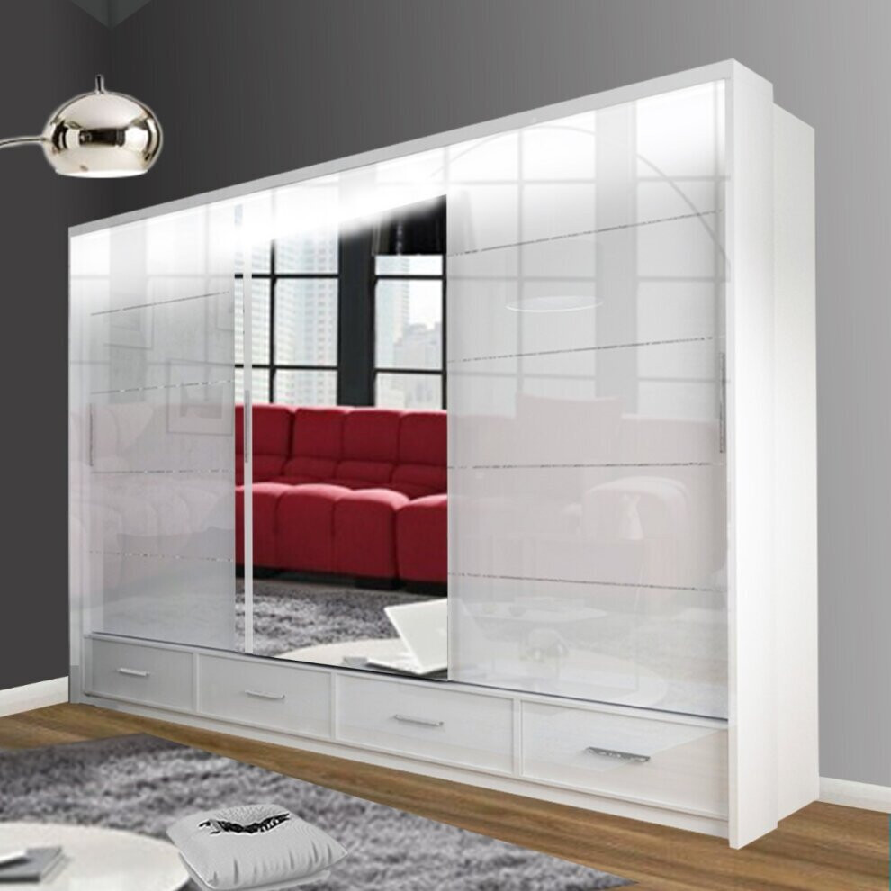 (White, 255 cm) Charlie High Gloss Mirror Sliding Door Wardrobe