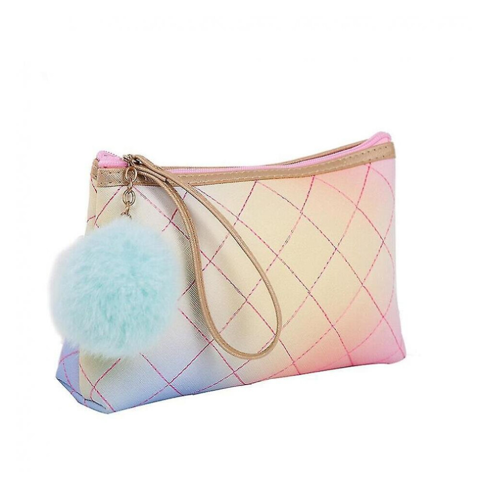 Hkhbjs Fashion Pu Leather Colorful Lattice Cosmetic Storage Bag Large Capacity Plush Ball Zipper Travel