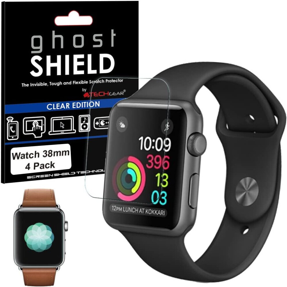 TECHGEAR [4 Pack] Screen Protectors to fit Apple Watch 38mm [ghostSHIELD Edition] Genuine Reinforced Flexible TPU Screen Protector Guard Covers with