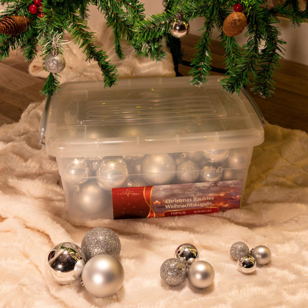 (Silver) 70 Pc Red Silver Gold Christmas Bauble Box Plastic