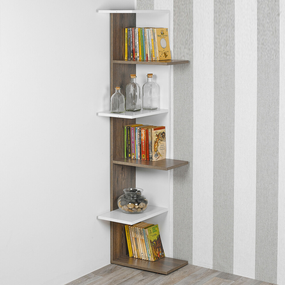 (White and Oak, 5) 3 or 5 Tier Wooden Modern Display Corner Bookcase