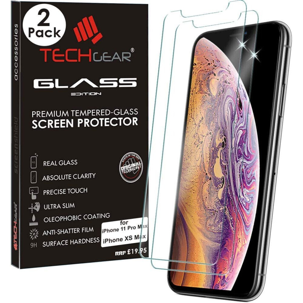 TECHGEAR [2 Pack Screen Protector for iPhone 11 Pro Max, iPhone XS Max, Genuine Tempered Glass Screen Protector Guard Covers Compatible with Apple