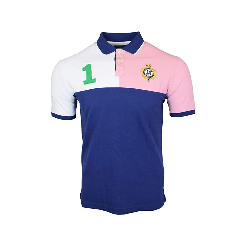 (Navy/White/Pink, Small) Hackett London Pieced Panel Polo - Navy/White/Pink