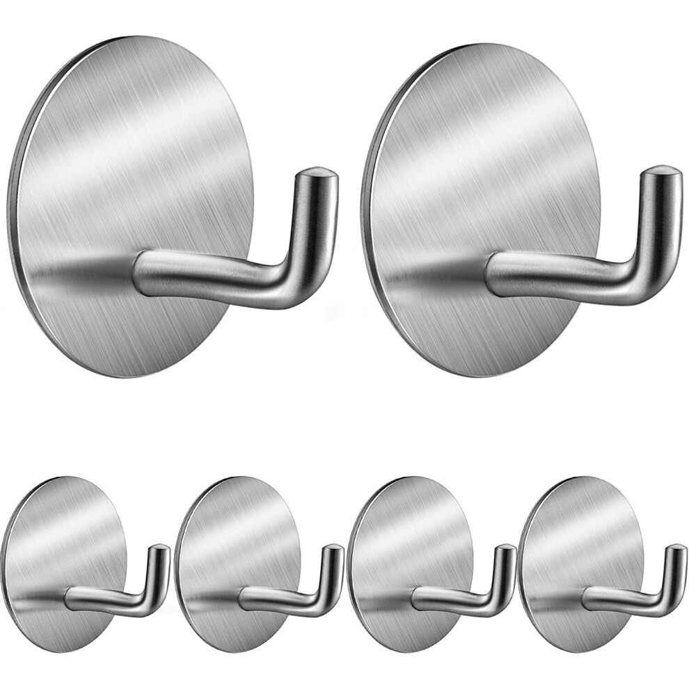 LONGINTO Self Adhesive Hooks, 6 Pieces Stainless Steel Wall Door Hooks, Heavy Duty Office