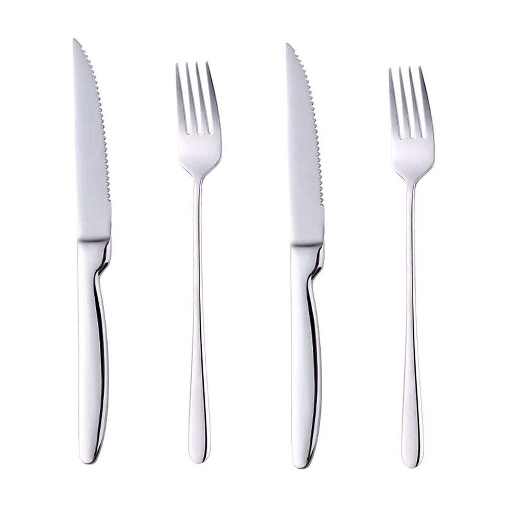 Bisda Steak Cutlery Sets Silver Serrated Steak Knives and Forks set Serves for 2, Stainless Steel 18/10 Dinner Forks X2 Steak Knives X2, Table Knives