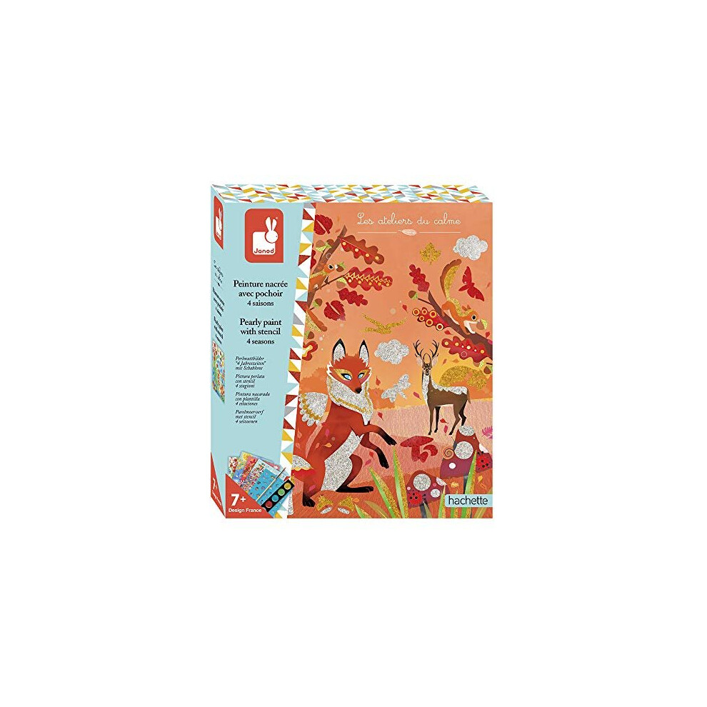 Janod - Pearlescent Painting Set with 4 Seasons Stencil - Les Ateliers Du Calme - Childrens Creative Leisure Kit - Develops Fine Motor Skills an