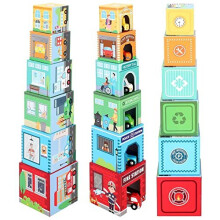 SOKA 12pcs Stacking and Sorting Cubes Wooden Balancing Buildings & Vehicles Fire Engine Police Car Ambulance Educational Blocks Toy Set Gift for
