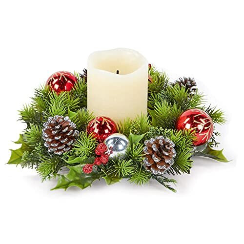 Premier Christmas Table Centrepiece Decoration 30cm Candle Wreath - Red Bauble