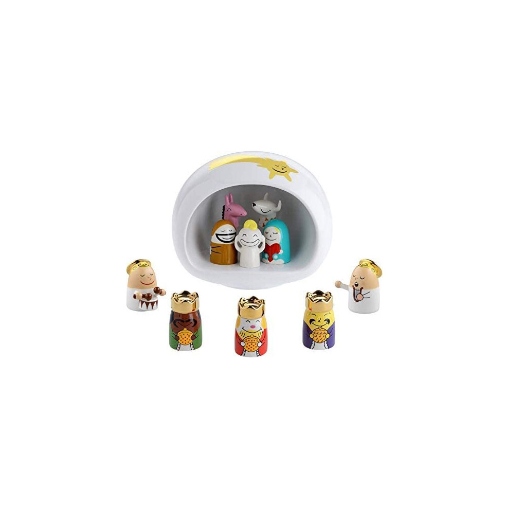 Alessi AMGI10SET Hand Decorated Design Nativity Scene with Cave and Figurine, Porcelain, White, Set of 10