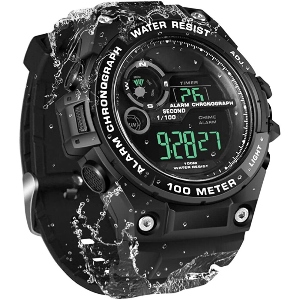 100m Underwater Scuba Diving Watch for Mens Boys with Stopwatch, Chronograph, Alarm Functions, Dual Time Zone, 12/24 Hours Format