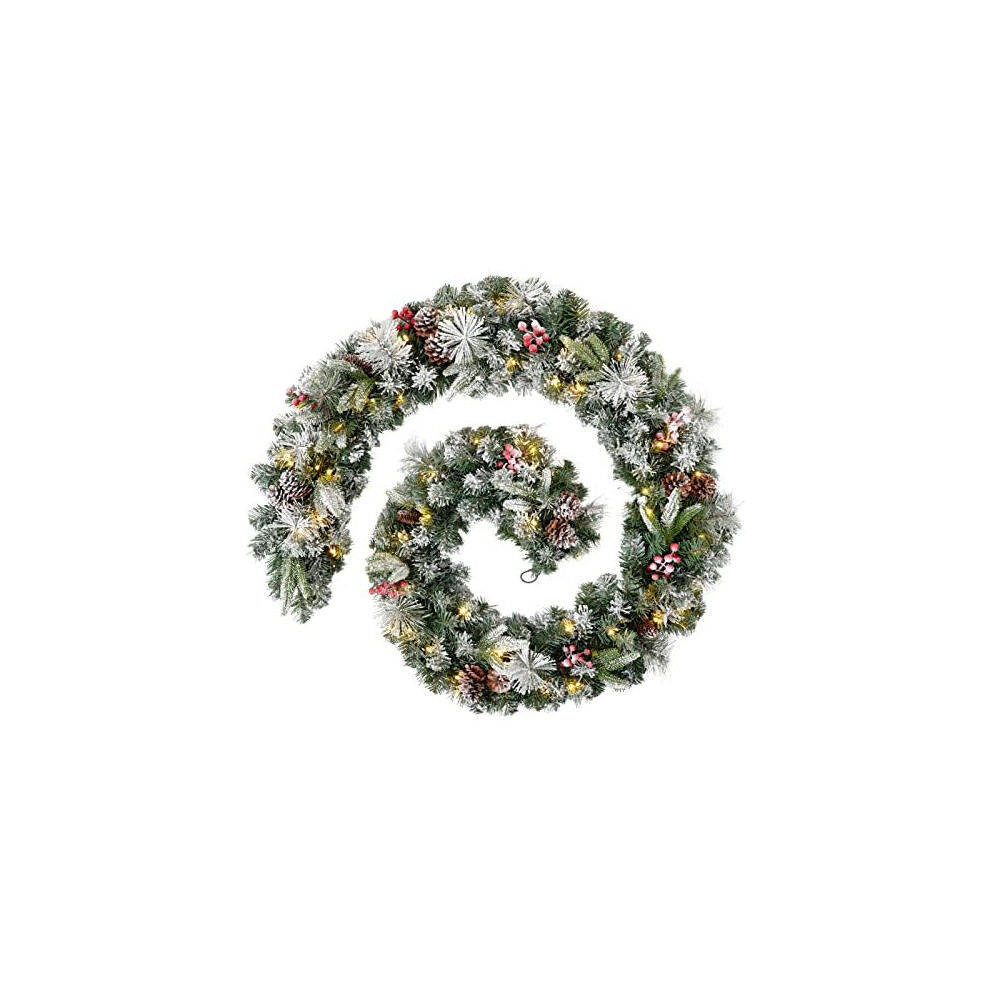 WeRChristmas Extra Thick Pre-Lit Mixed Pine Snow Flocked Garland with Cones and Berries with 80-LED, White/Green, 9 feet
