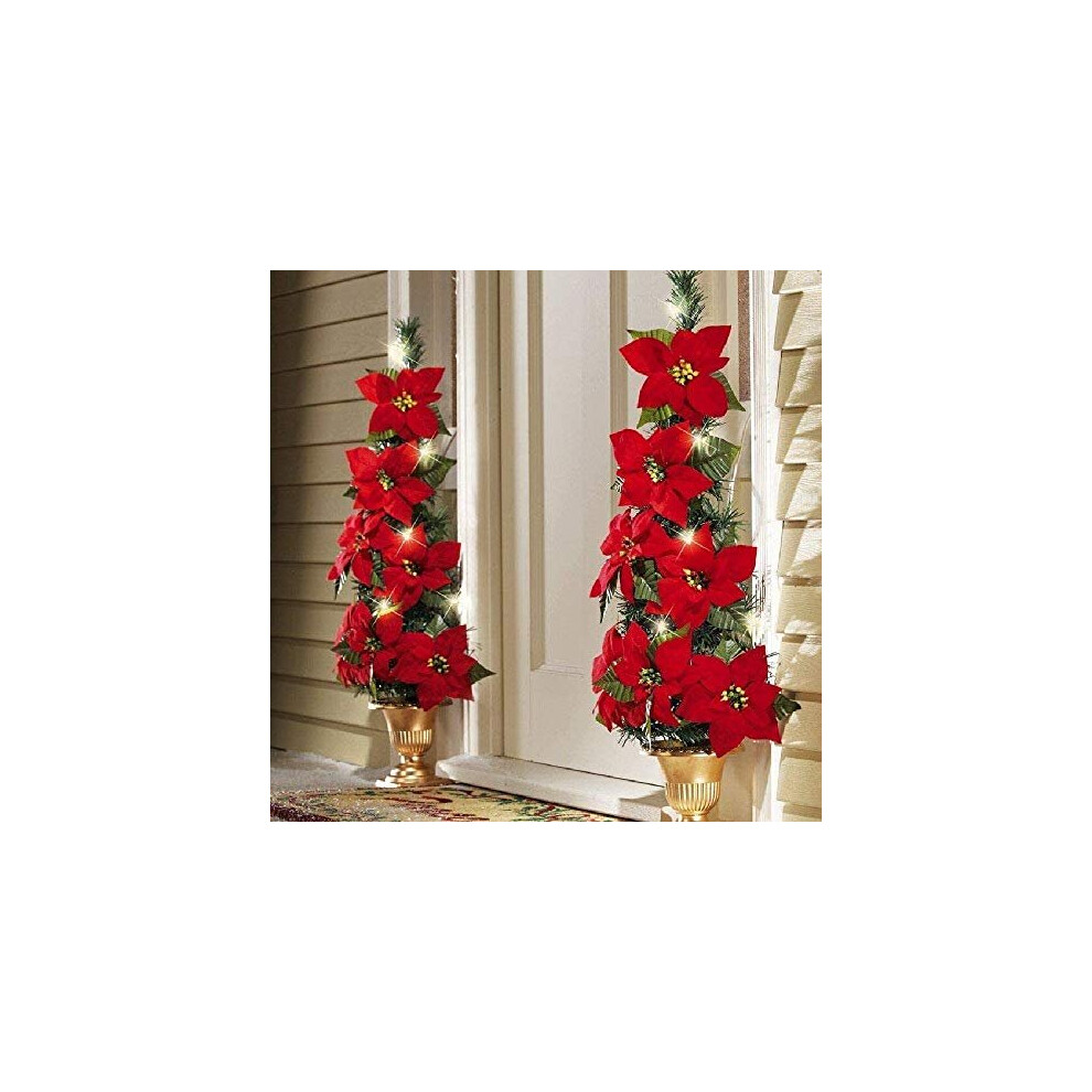 2 Pack 6.56ft Artificial Red Poinsettia Christmas Garland String with Red Berries Maple Leaves Pre-Lit Velvet Fairy Light for Holiday Door D