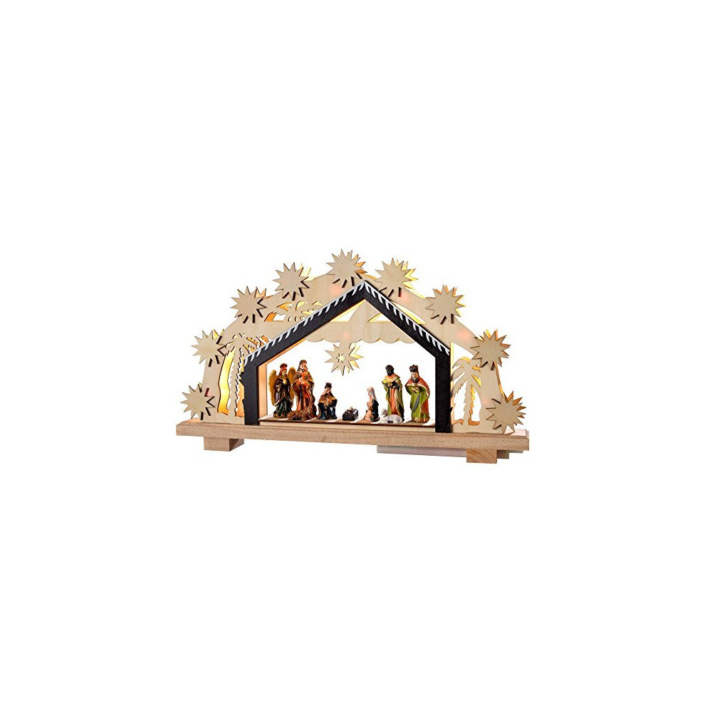 WeRChristmas Pre-Lit Wooden Nativity Scene Illuminated with 8 Warm LED Lights, 26 cm - Large, Multi-Colour