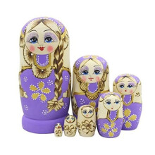 Set 7 Pcs Long Braids Girl Purple Matryoshka Dolls Babushka Doll Traditional Russian Nesting Dolls Wooden Stacking Toy Kids Gift