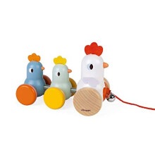 Janod - Wooden Pull Along Hen and Chicks - Pull Along Toy - Early Learning and Early Years Toys - Silent Wheels - Learning Motor Skills and Imagi