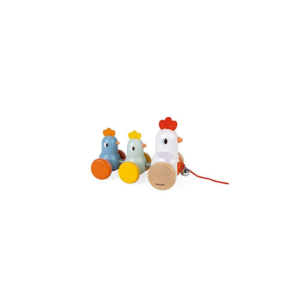 Janod - Wooden Pull Along Hen and Chicks - Pull Along Toy - Early Learning and Early Years Toys - Silent Wheels - Learning Motor Skills and Imagi