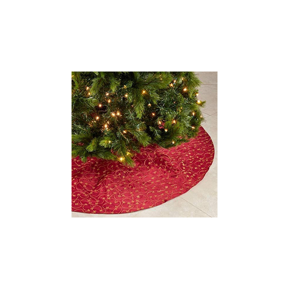 Elegant Gold Embroidery Burgundy Christmas Tree Skirt, 52 Inch Round, One Piece-image-OPC-PB56MFW-NEW