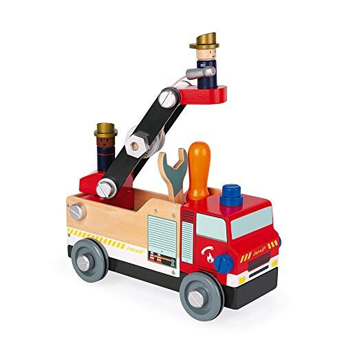 Janod Janod - Brico'Kids Wooden Fire Truck, Fsc Certified - Construction Set - with 2 Firemen - 45 Pieces, Easy to Build - Wooden Toy for Children - fr