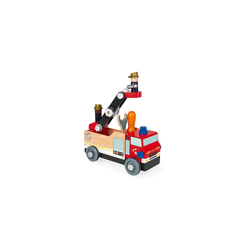 Janod - Brico'Kids Wooden Fire Truck, Fsc Certified - Construction Set - with 2 Firemen - 45 Pieces, Easy to Build - Wooden Toy for Children - fr