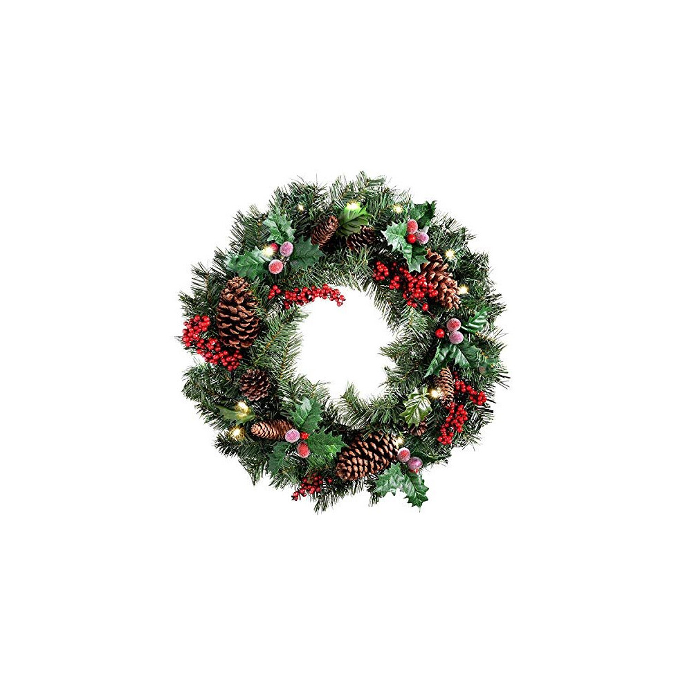 Vacclo Natural Pine Cone and Berry Decorated Pre-Lit Wreath Christmas Decoration Illuminated with 10 Warm White LED Lights, 40 cm - Red