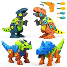 Kizmyee&1 Take Apart Dinosaur Toys, 4 Pack DIY Dinosaur Toys Set with Electric Drill, Assemble Dinosaur Construction Build Set Toys, Boy Toys STE