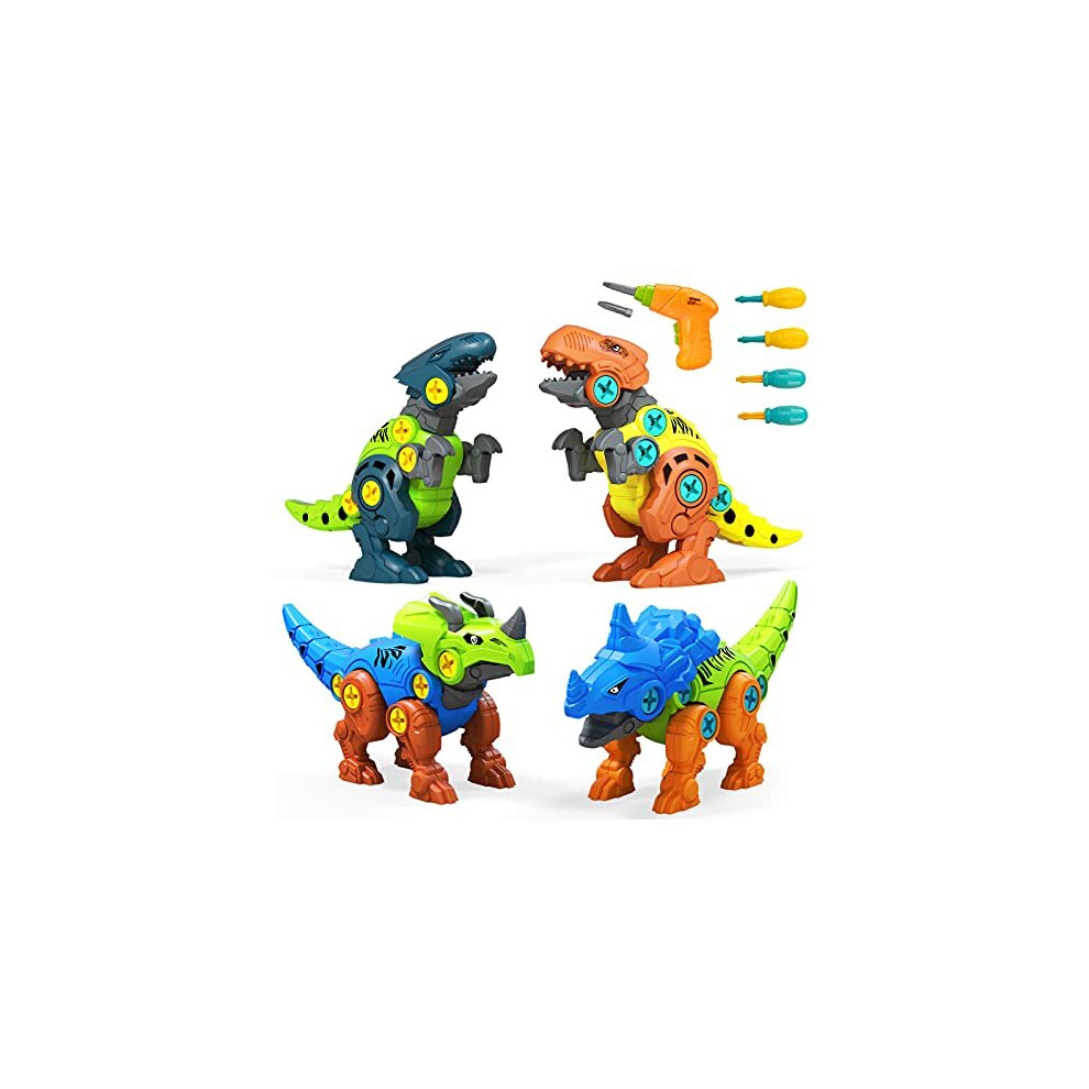 Kizmyee&1 Take Apart Dinosaur Toys, 4 Pack DIY Dinosaur Toys Set with Electric Drill, Assemble Dinosaur Construction Build Set Toys, Boy Toys STE