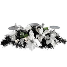 WeRChristmas Decorated Table Centre Piece with 3 Pillar Candle Holder, 52 cm - Black/Silver