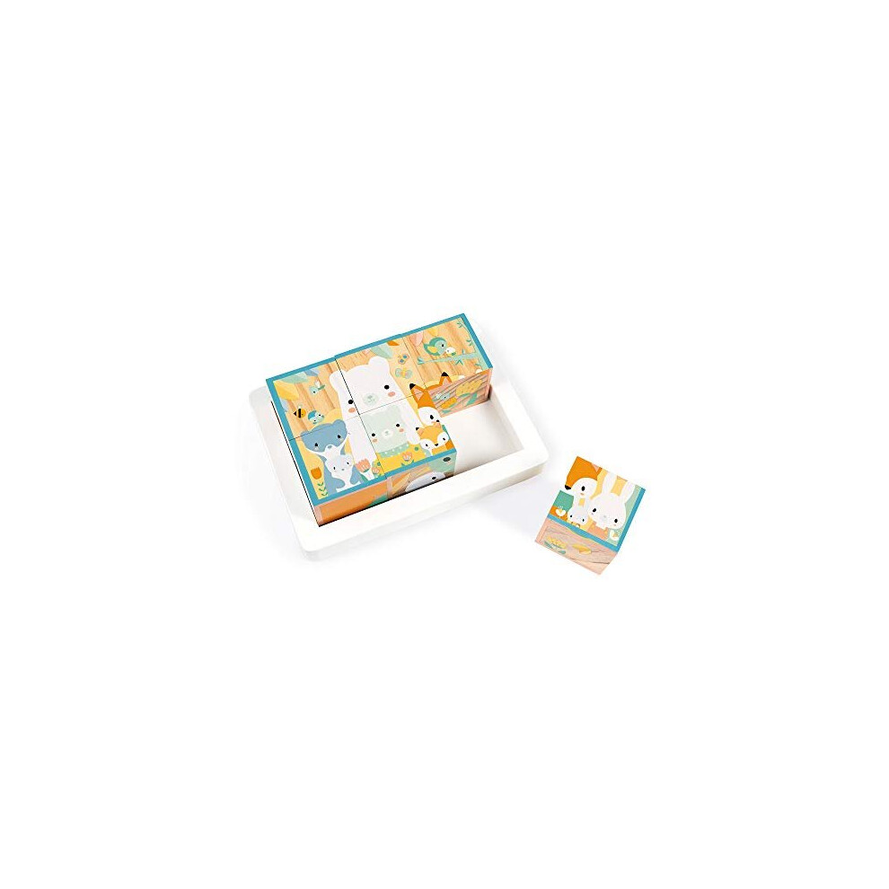 Janod - Tray Of 6 Solid Wood Cubes For Baby - Pure Collection - Early Years And Early Years Toy - Teaches Fine Motor Skills - Water-Based Paint