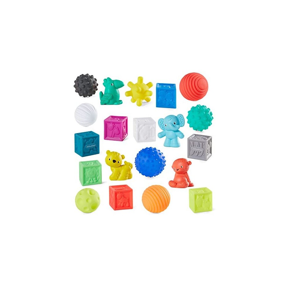 Infantino Sensory Balls Blocks & Buddies - 20 piece basics set for sensory exploration, fine and gross motor skill development and early introduc