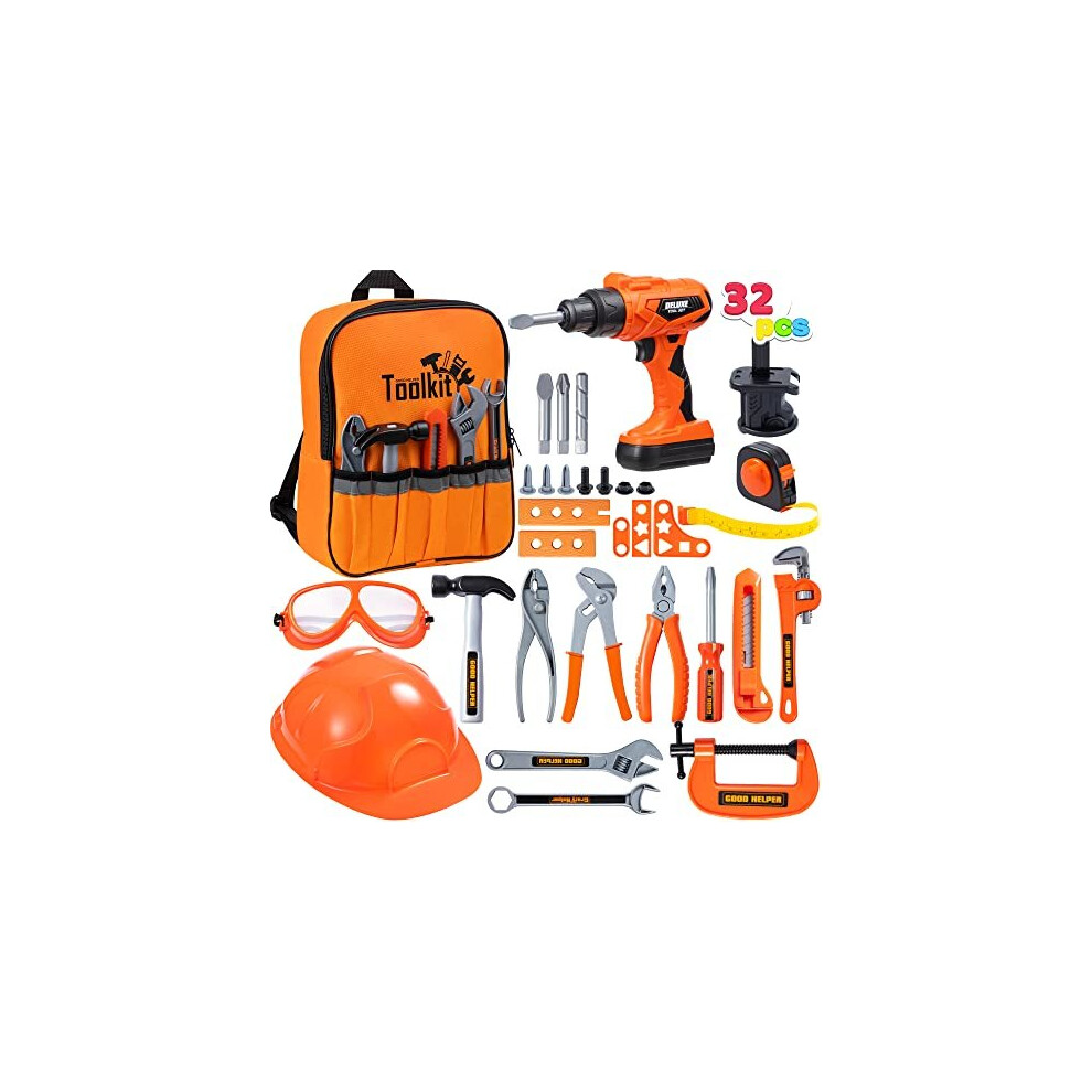 JOYIN 32 PCS Kids Construction Tool Toy Set Backpack of Tool Toys with Electric Power Drill Toy, Construction Helmet, Construction Tool Accessori