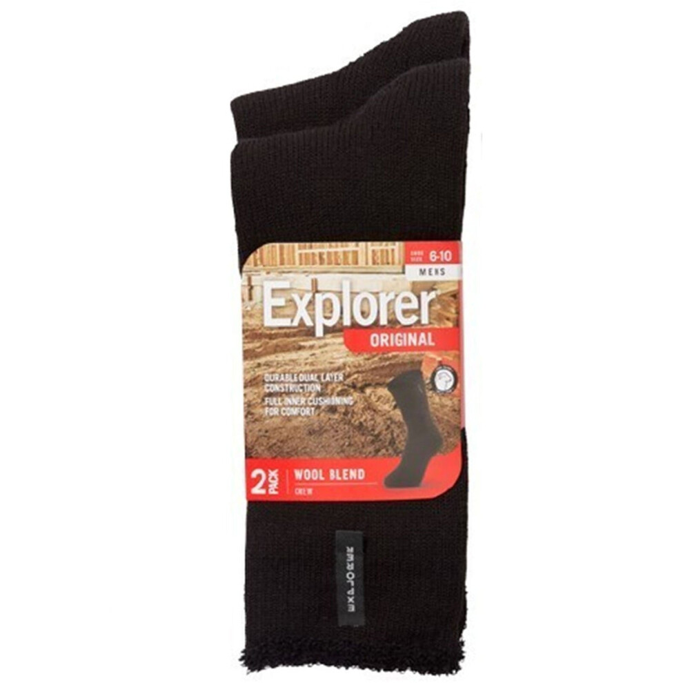 (6-10) 2 Pairs Holeproof Explorer Original Mens Crew Above Ankle Thick Work Wool Socks Winter Black SYNX2N BLK