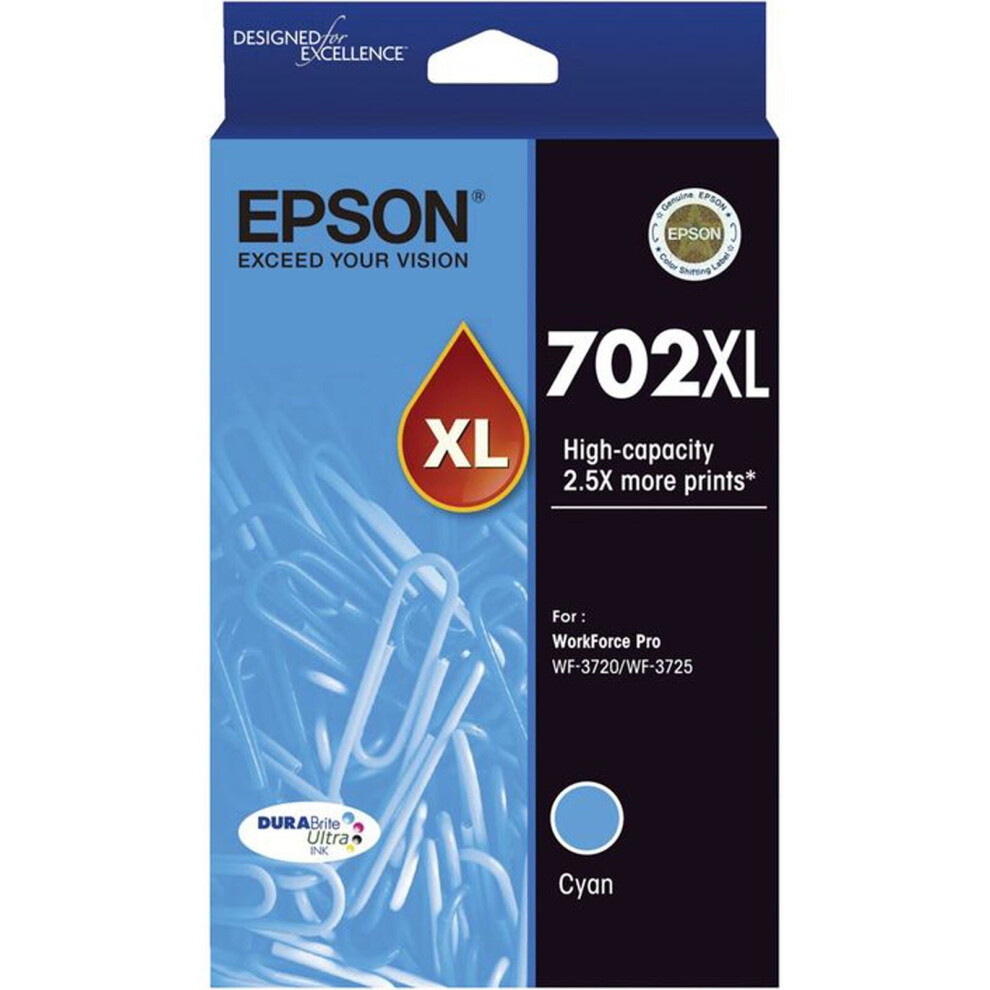 GENUINE Original Epson 702XL Cyan Ink Cartridge WF-3720 WF-3725 T345292