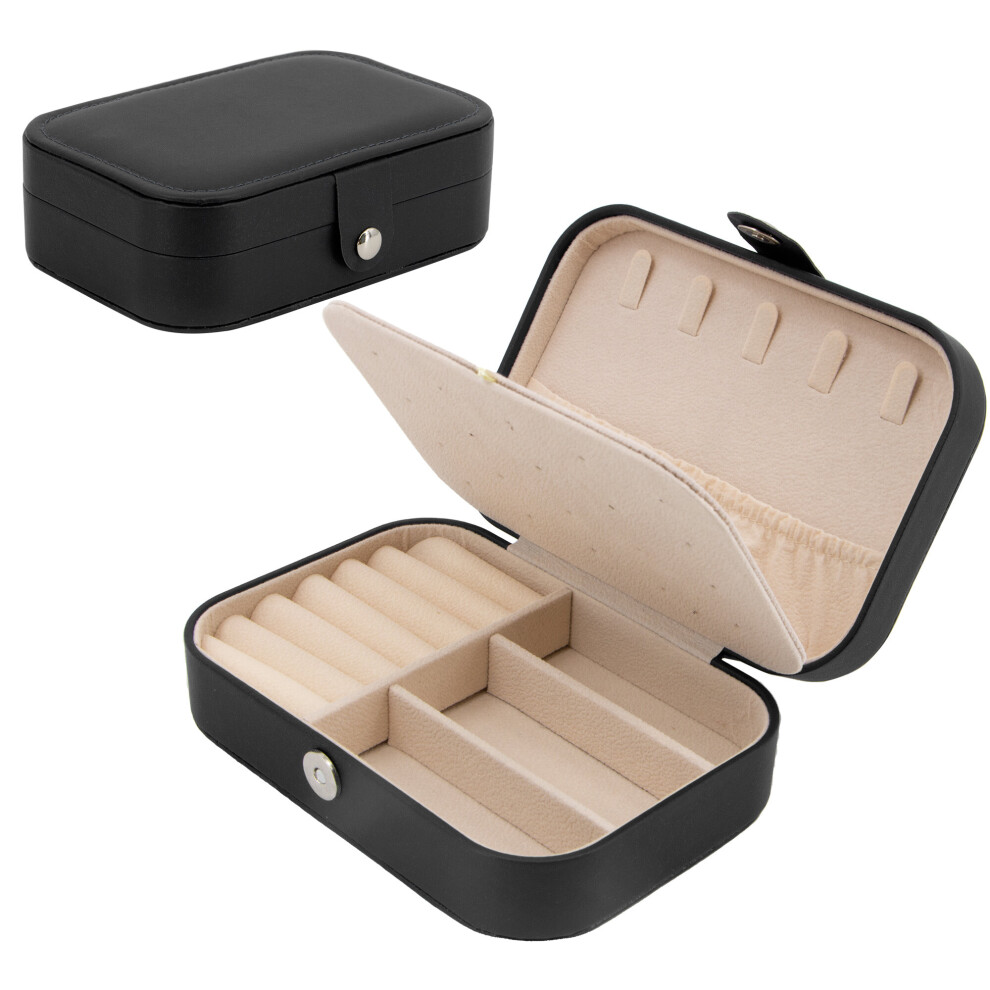 (Black) Time to Sparkle 16x11x5CM Jewellery Box for Travel Rings Earrings Necklace Bracelets Faux Leather Cabinet Jewelry Gift Box